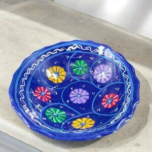 Vintage Hand Made Mexico Folk Art Pottery‎ Footed Bowl Dish Multicolor Blue Dish